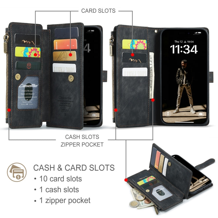 For iPhone 16 Plus CaseMe C30 Card Slots Zipper Wallet Leather Phone Case(Black)