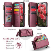 For iPhone 16 Pro Max CaseMe C36 Card Slots Zipper Wallet RFID Anti-theft Leather Phone Case(Red)