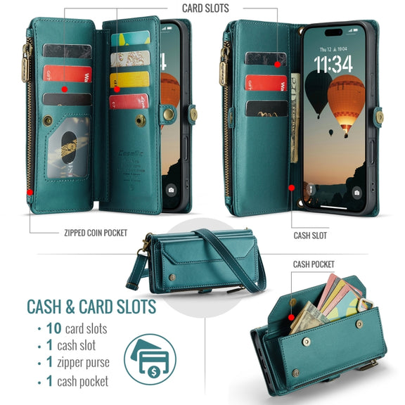 For iPhone 16 Pro Max CaseMe C36 Card Slots Zipper Wallet RFID Anti-theft Leather Phone Case(Blue)