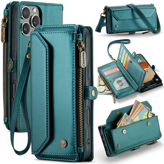 For iPhone 16 Pro Max CaseMe C36 Card Slots Zipper Wallet RFID Anti-theft Leather Phone Case(Blue)