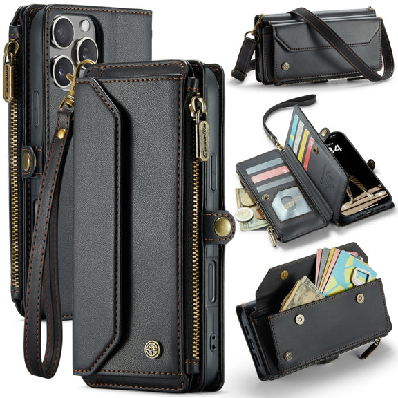 For iPhone 16 Pro Max CaseMe C36 Card Slots Zipper Wallet RFID Anti-theft Leather Phone Case(Black)