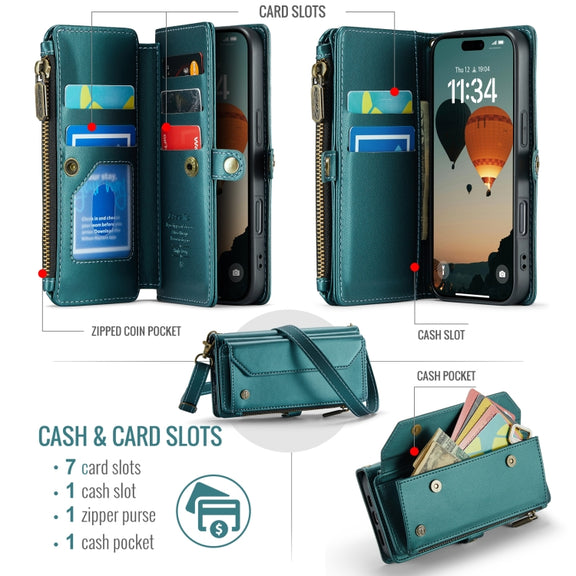 For iPhone 16 Pro CaseMe C36 Card Slots Zipper Wallet RFID Anti-theft Leather Phone Case(Blue)