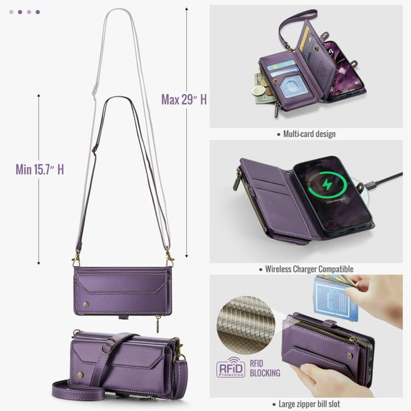 For iPhone 16 Pro CaseMe C36 Card Slots Zipper Wallet RFID Anti-theft Leather Phone Case(Purple)