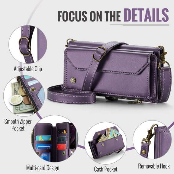 For iPhone 16 Pro CaseMe C36 Card Slots Zipper Wallet RFID Anti-theft Leather Phone Case(Purple)