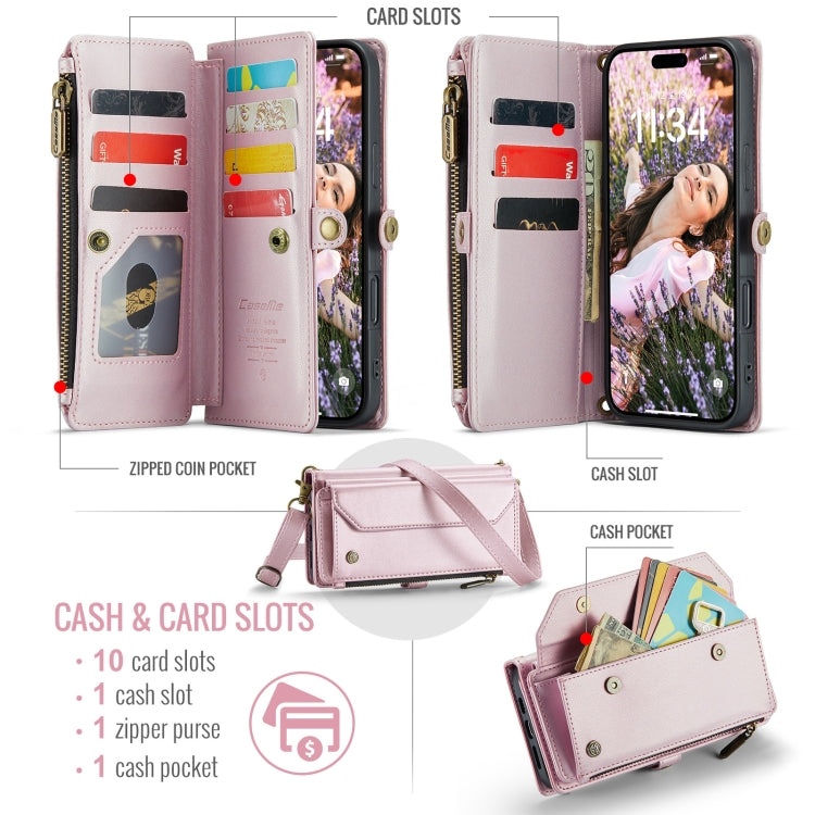 For iPhone 16 Plus CaseMe C36 Card Slots Zipper Wallet RFID Anti-theft Leather Phone Case(Pink)