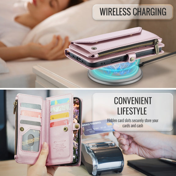 For iPhone 16 Plus CaseMe C36 Card Slots Zipper Wallet RFID Anti-theft Leather Phone Case(Pink)