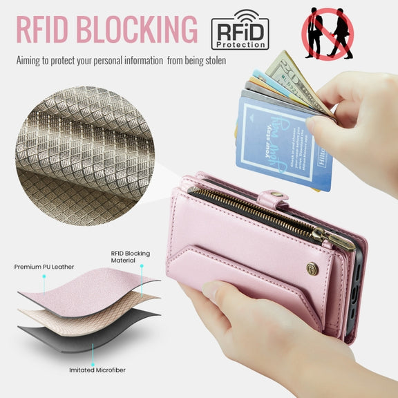 For iPhone 16 Plus CaseMe C36 Card Slots Zipper Wallet RFID Anti-theft Leather Phone Case(Pink)