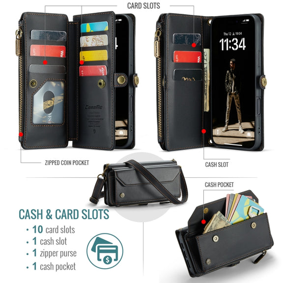 For iPhone 16 Plus CaseMe C36 Card Slots Zipper Wallet RFID Anti-theft Leather Phone Case(Black)