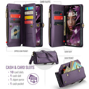For iPhone 16 Plus CaseMe C36 Card Slots Zipper Wallet RFID Anti-theft Leather Phone Case(Purple)