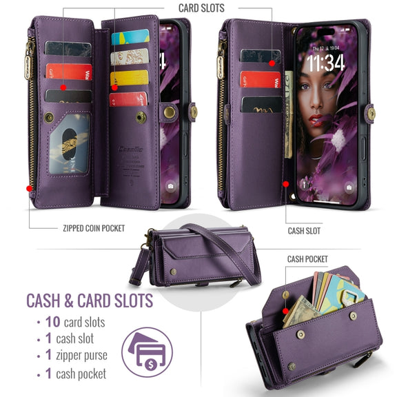 For iPhone 16 Plus CaseMe C36 Card Slots Zipper Wallet RFID Anti-theft Leather Phone Case(Purple)