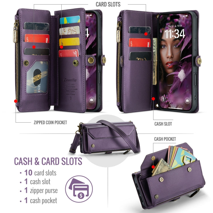 For iPhone 16 Plus CaseMe C36 Card Slots Zipper Wallet RFID Anti-theft Leather Phone Case(Purple)