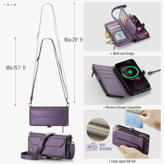 For iPhone 16 Plus CaseMe C36 Card Slots Zipper Wallet RFID Anti-theft Leather Phone Case(Purple)