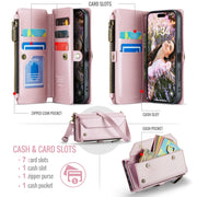 For iPhone 16 CaseMe C36 Card Slots Zipper Wallet RFID Anti-theft Leather Phone Case(Pink)