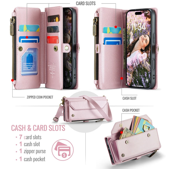 For iPhone 16 CaseMe C36 Card Slots Zipper Wallet RFID Anti-theft Leather Phone Case(Pink)