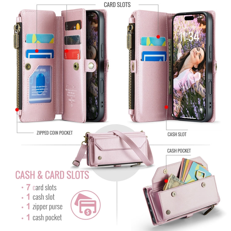 For iPhone 16 CaseMe C36 Card Slots Zipper Wallet RFID Anti-theft Leather Phone Case(Pink)