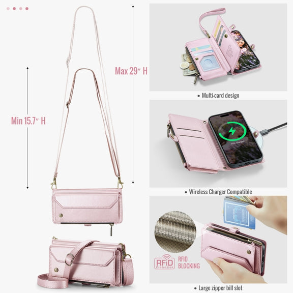 For iPhone 16 CaseMe C36 Card Slots Zipper Wallet RFID Anti-theft Leather Phone Case(Pink)