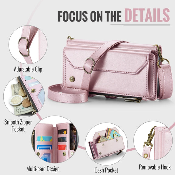 For iPhone 16 CaseMe C36 Card Slots Zipper Wallet RFID Anti-theft Leather Phone Case(Pink)