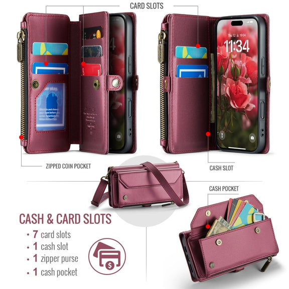 For iPhone 16 CaseMe C36 Card Slots Zipper Wallet RFID Anti-theft Leather Phone Case(Red)
