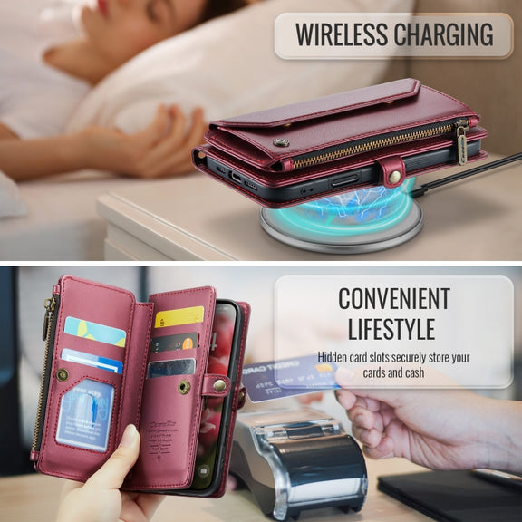 For iPhone 16 CaseMe C36 Card Slots Zipper Wallet RFID Anti-theft Leather Phone Case(Red)