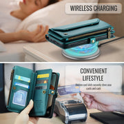 For iPhone 16 CaseMe C36 Card Slots Zipper Wallet RFID Anti-theft Leather Phone Case(Blue)
