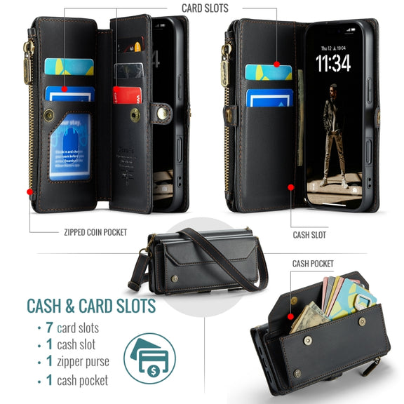 For iPhone 16 CaseMe C36 Card Slots Zipper Wallet RFID Anti-theft Leather Phone Case(Black)
