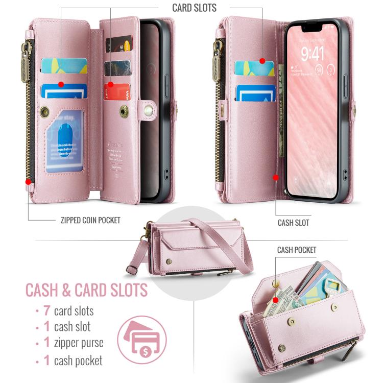 For iPhone 16e CaseMe C36 Card Slots Zipper Wallet RFID Anti-theft Leather Phone Case(Pink)