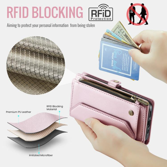 For iPhone 16e CaseMe C36 Card Slots Zipper Wallet RFID Anti-theft Leather Phone Case(Pink)