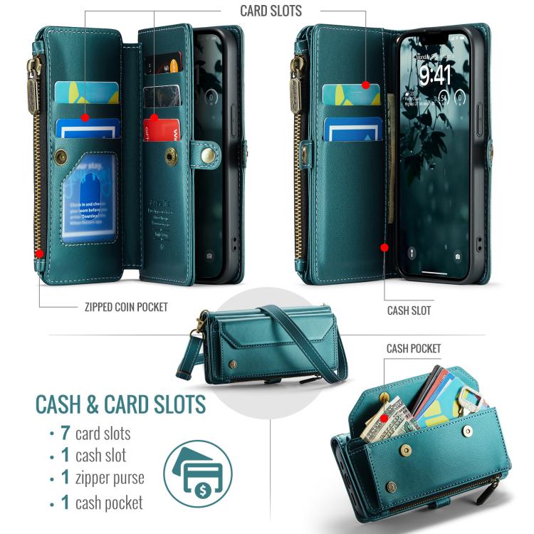For iPhone 16e CaseMe C36 Card Slots Zipper Wallet RFID Anti-theft Leather Phone Case(Blue) - iPhone 16e Cases by CaseMe | Online Shopping South Africa | PMC TechLife | Buy Now Pay Later Mobicred