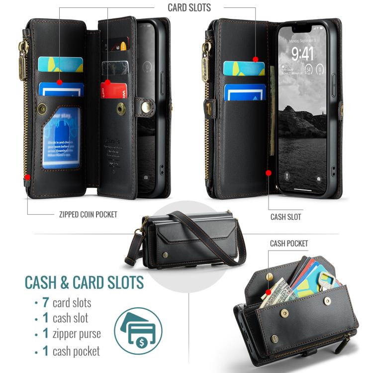 For iPhone 16e CaseMe C36 Card Slots Zipper Wallet RFID Anti-theft Leather Phone Case(Black) - iPhone 16e Cases by CaseMe | Online Shopping South Africa | PMC TechLife | Buy Now Pay Later Mobicred