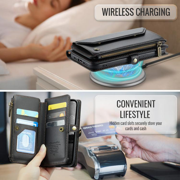 For iPhone 16e CaseMe C36 Card Slots Zipper Wallet RFID Anti-theft Leather Phone Case(Black)