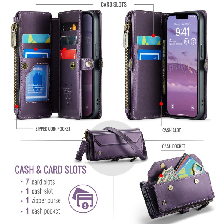 For iPhone 16e CaseMe C36 Card Slots Zipper Wallet RFID Anti-theft Leather Phone Case(Purple) - iPhone 16e Cases by CaseMe | Online Shopping South Africa | PMC TechLife | Buy Now Pay Later Mobicred