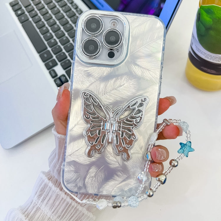 For iPhone 16 Pro Plating Glitter Lens Film Texture Butterfly Holder Wristband Phone Case(White Feathers) - iPhone 16 Pro Cases by PMC TechLife | Online Shopping South Africa | PMC TechLife | Buy Now Pay Later Mobicred