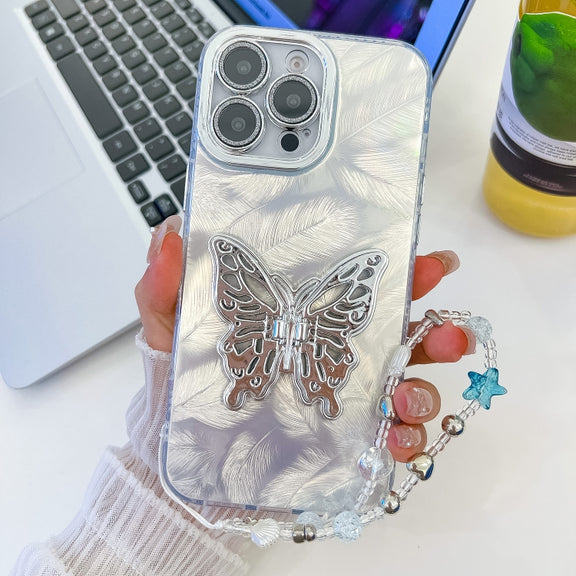 For iPhone 16 Pro Plating Glitter Lens Film Texture Butterfly Holder Wristband Phone Case(White Feathers)