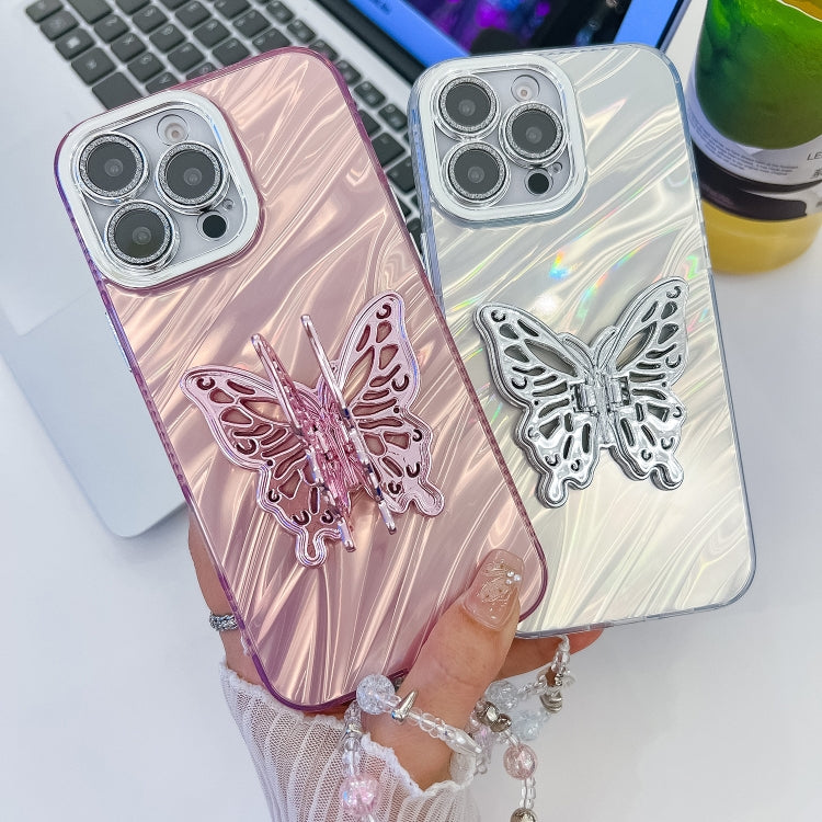 For iPhone 16 Plating Glitter Lens Film Texture Butterfly Holder Wristband Phone Case(Pink Tinfoil Texture)
