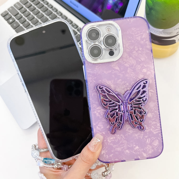 For iPhone 16 Plating Glitter Lens Film Texture Butterfly Holder Wristband Phone Case(Pink Tinfoil Texture)