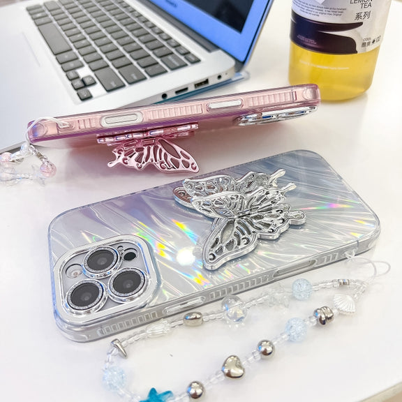 For iPhone 16 Plating Glitter Lens Film Texture Butterfly Holder Wristband Phone Case(Pink Tinfoil Texture)