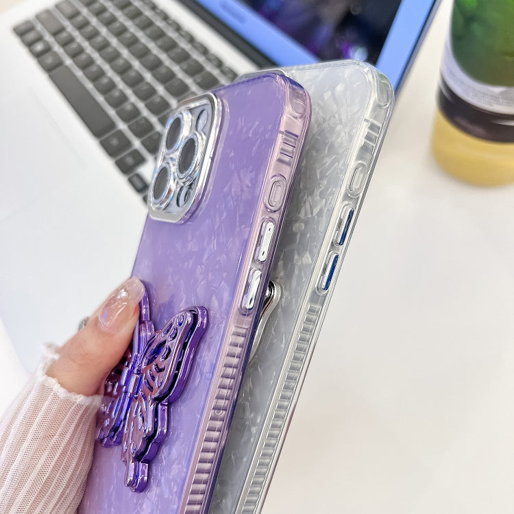 For iPhone 16 Plating Glitter Lens Film Texture Butterfly Holder Wristband Phone Case(Pink Tinfoil Texture)