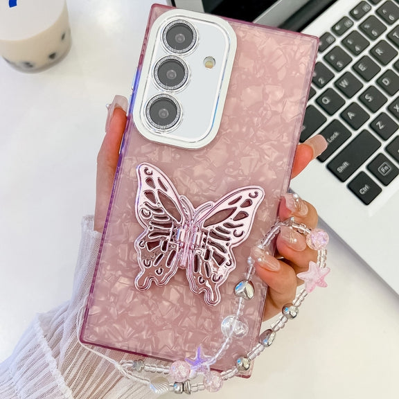 For Samsung Galaxy S25 5G Plating Glitter Lens Film Texture Butterfly Holder Wristband Phone Case(Pink Shell Pattern)