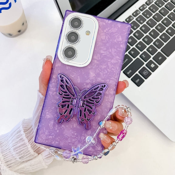 For Samsung Galaxy S25 5G Plating Glitter Lens Film Texture Butterfly Holder Wristband Phone Case(Purple Shell Pattern)