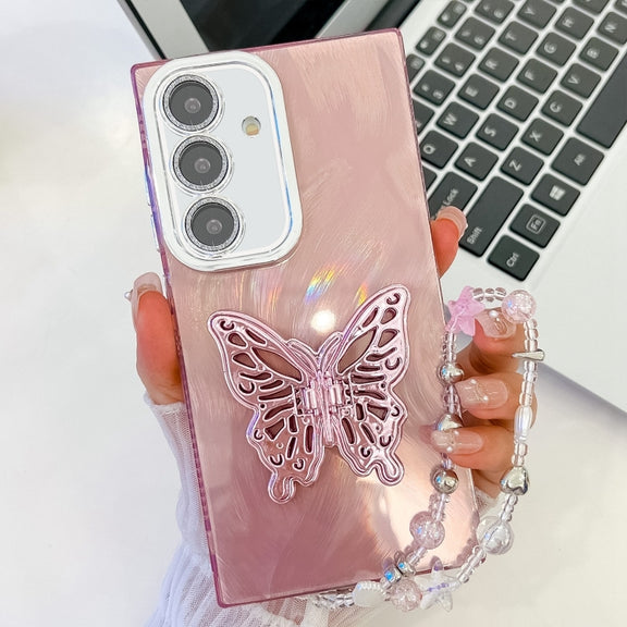 For Samsung Galaxy S25 5G Plating Glitter Lens Film Texture Butterfly Holder Wristband Phone Case(Pink Feather Yarn)