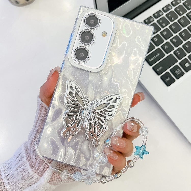 For Samsung Galaxy S25 5G Plating Glitter Lens Film Texture Butterfly Holder Wristband Phone Case(White Wrinkles) - free shipping - PMC Jewellery - Order now!