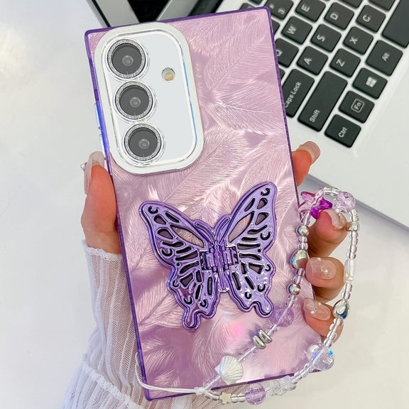 For Samsung Galaxy S25+ 5G Plating Glitter Lens Film Texture Butterfly Holder Wristband Phone Case(Purple Feathers)