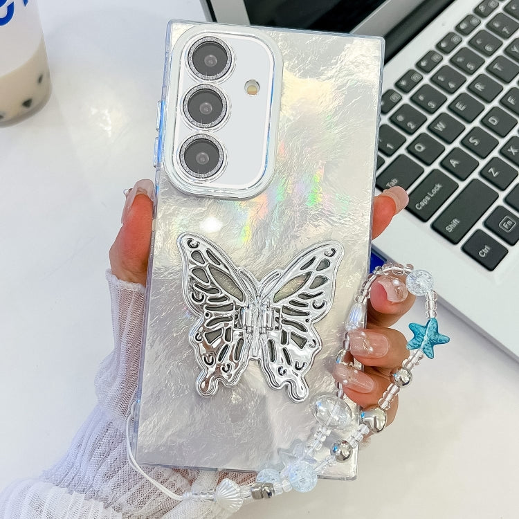For Samsung Galaxy S25+ 5G Plating Glitter Lens Film Texture Butterfly Holder Wristband Phone Case(White Tinfoil Texture) - free shipping - PMC Jewellery - Order now!