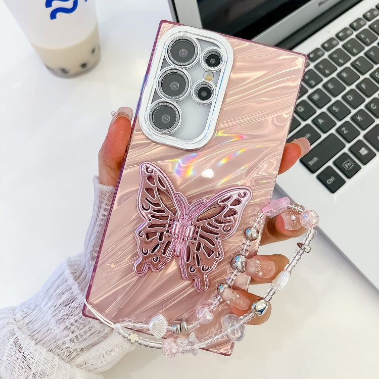 For Samsung Galaxy S25 Ultra 5G Plating Glitter Lens Film Texture Butterfly Holder Wristband Phone Case(Pink Water Ripples) - free shipping - PMC Jewellery - Order now!