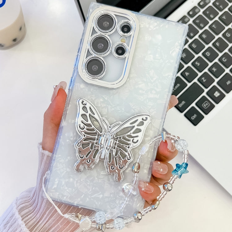 For Samsung Galaxy S25 Ultra 5G Plating Glitter Lens Film Texture Butterfly Holder Wristband Phone Case(White Shell Pattern) - Galaxy S25 Ultra 5G Cases by PMC Jewellery | Online Shopping South Africa | PMC Jewellery | Buy Now Pay Later Mobicred