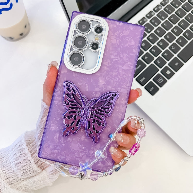 For Samsung Galaxy S25 Ultra 5G Plating Glitter Lens Film Texture Butterfly Holder Wristband Phone Case(Purple Shell Pattern) - Galaxy S25 Ultra 5G Cases by PMC Jewellery | Online Shopping South Africa | PMC Jewellery | Buy Now Pay Later Mobicred