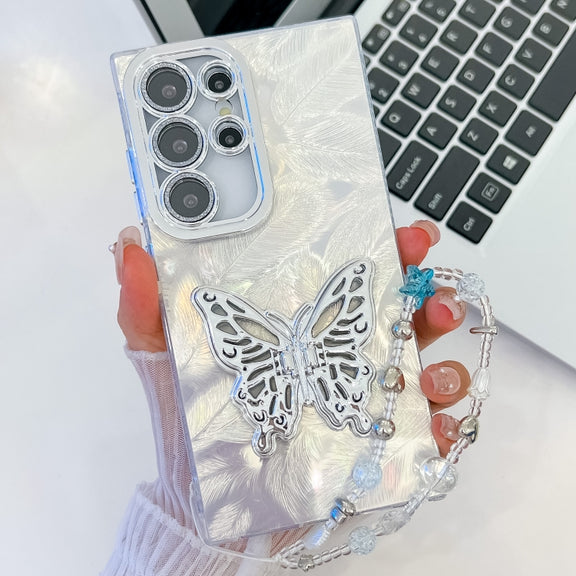 For Samsung Galaxy S25 Ultra 5G Plating Glitter Lens Film Texture Butterfly Holder Wristband Phone Case(White Feathers)