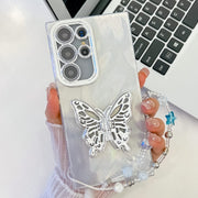 For Samsung Galaxy S25 Ultra 5G Plating Glitter Lens Film Texture Butterfly Holder Wristband Phone Case(White Feather Yarn)