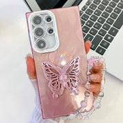 For Samsung Galaxy S25 Ultra 5G Plating Glitter Lens Film Texture Butterfly Holder Wristband Phone Case(Pink Feather Yarn)