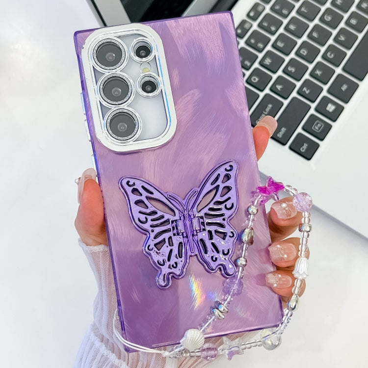 For Samsung Galaxy S25 Ultra 5G Plating Glitter Lens Film Texture Butterfly Holder Wristband Phone Case(Purple Feather Yarn) - Galaxy S25 Ultra 5G Cases by PMC Jewellery | Online Shopping South Africa | PMC Jewellery | Buy Now Pay Later Mobicred